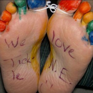 "We Love Tickle NE!" - way2ticklish4myowngood's bare feet....thanks to TickleTortureTemptress for colorfully and ticklishly embellishing his sensitive