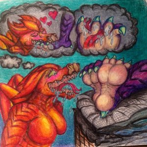 Colored Pencil drawing of there'd dragoness, named Kara.
While Being tantalized, she begins to imagine what she'd do...