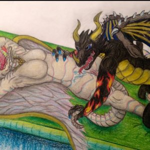 Oct 7, 2016 
My fursona, tied & tickled by a black dragon. He's obviously very experienced... She's laughing so hard, it's making her cry. 
Hehe.... I