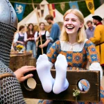 DALL·E 2024-10-15 21.36.00 - A young blonde woman at a medieval fair, her feet placed through...webp