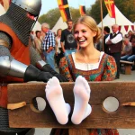DALL·E 2024-10-15 21.36.04 - A young blonde woman at a medieval fair, her feet placed through...webp