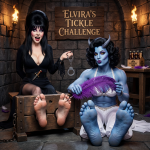 Elvira and Demon Tickle Scene - Elvira in Wooden Stocks with Size 7 Feet on 1 Foot High Platfo...png