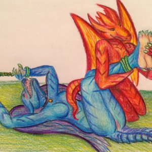 Colored pencil ; red anthro dragon tickles blue.