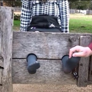 Tickle under the toes in grey tights