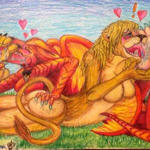 Kara(red Dragon) and Leona (lioness) are showing their love for each others' feet with their tongues <3