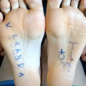Someone decided to play hangman with my feet while I was hogtied. Arg! Thanks a lot! It tickled like crazy!! LOL