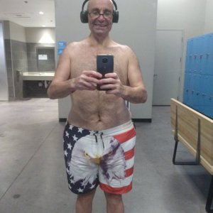 At the gym ready to go in the hot tub/sauna/pool.