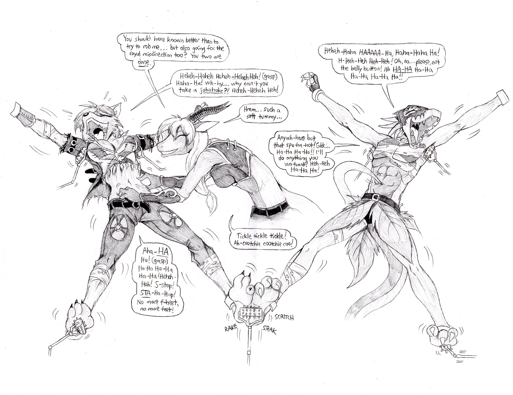 A commission for Wickerchild of his character Zoland tickling his characters Demi and Jack.