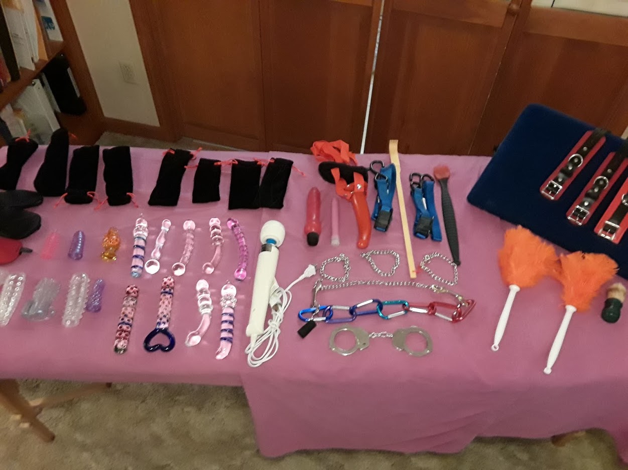 A few toys I love to play with and share.  They are shown on my nice massage table.