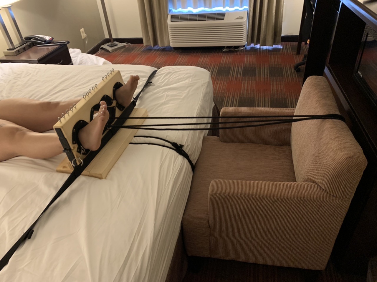 My latest play partner was too strong for my bondage system, so I had to improvise!