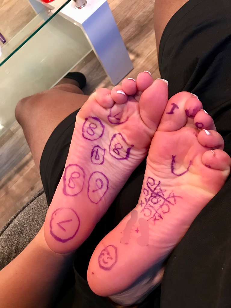 My love suggested I use take her mind off of her studies with her sharpie. And here we have from 1-10 her most ticklish zones of her delicious feet.