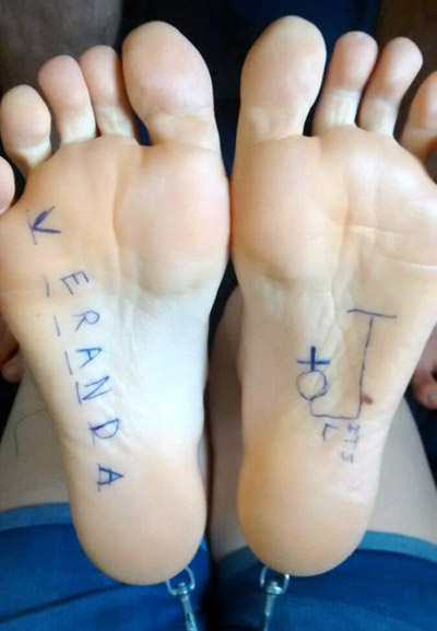 Someone decided to play hangman with my feet while I was hogtied. Arg! Thanks a lot! It tickled like crazy!! LOL